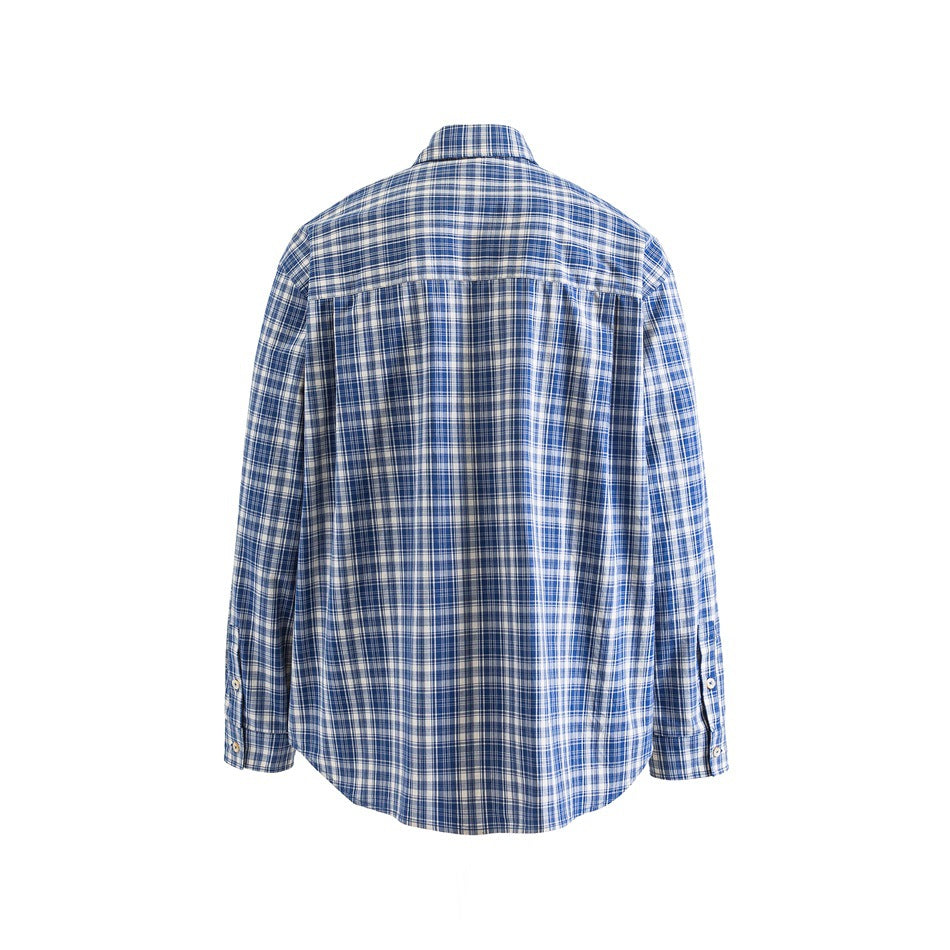 Back view of blue and white plaid long-sleeve shirt showing shoulder yoke seam and buttoned cuffs