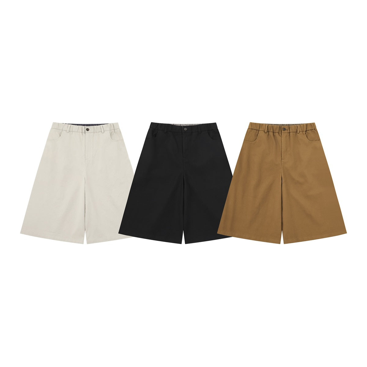 Three pairs of wide-leg shorts shown from the front in cream, black and camel, each with a gathered waistband.