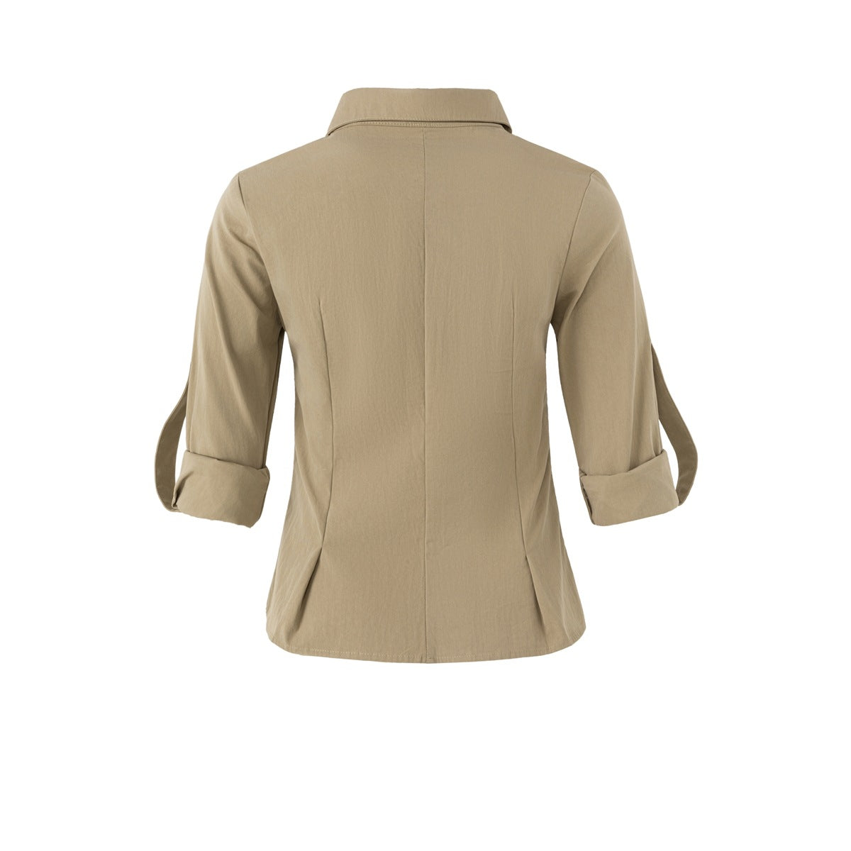 Back view of the khaki shirt with sleeves rolled to the elbows and secured by button tabs.