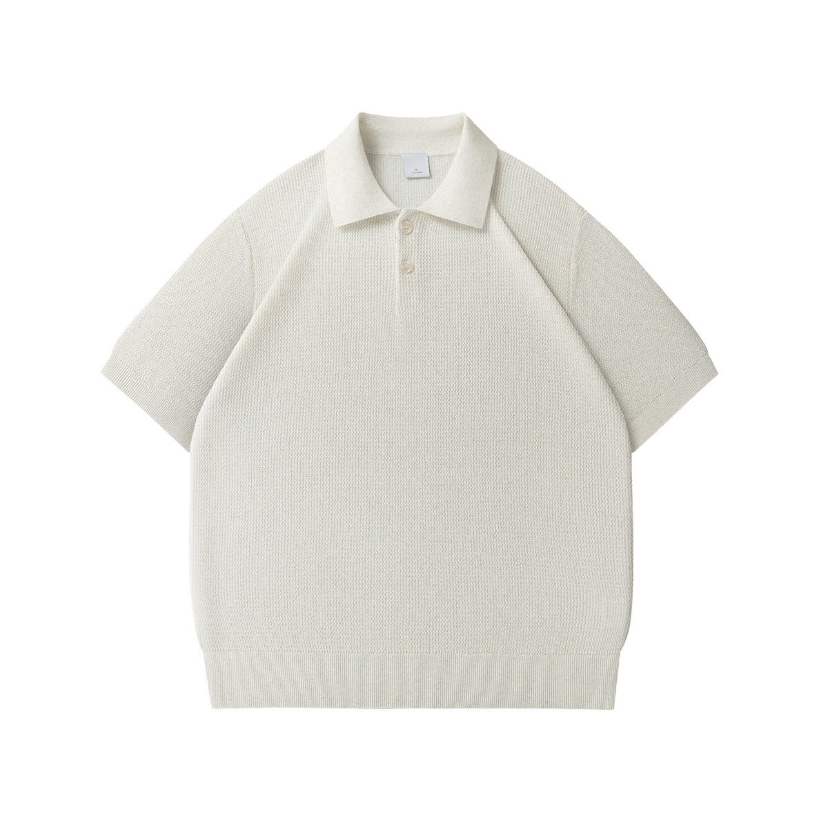 Off-white short-sleeve knit polo with textured knit, two buttons and ribbed cuffs and hem, flat front view
