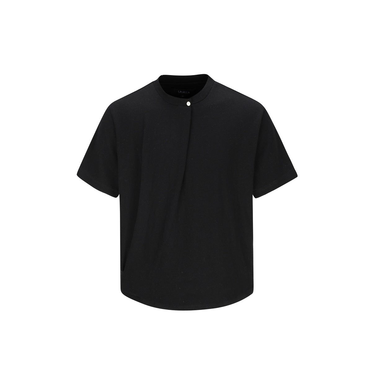 Black short-sleeve tee flat lay with band neckline, neck button, diagonal front pleat and curved hem