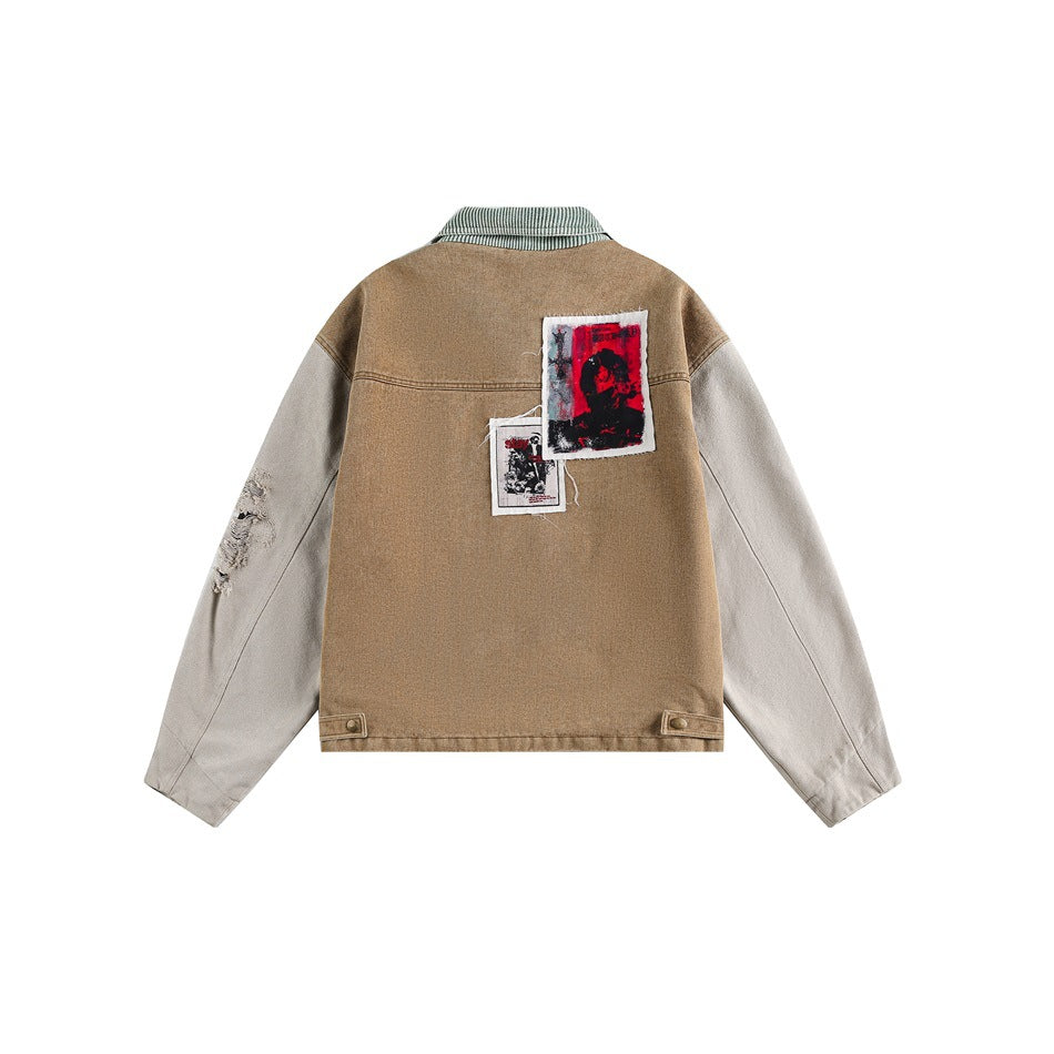 Back of a brown jacket with pale sleeves, a striped green collar and two graphic patches.