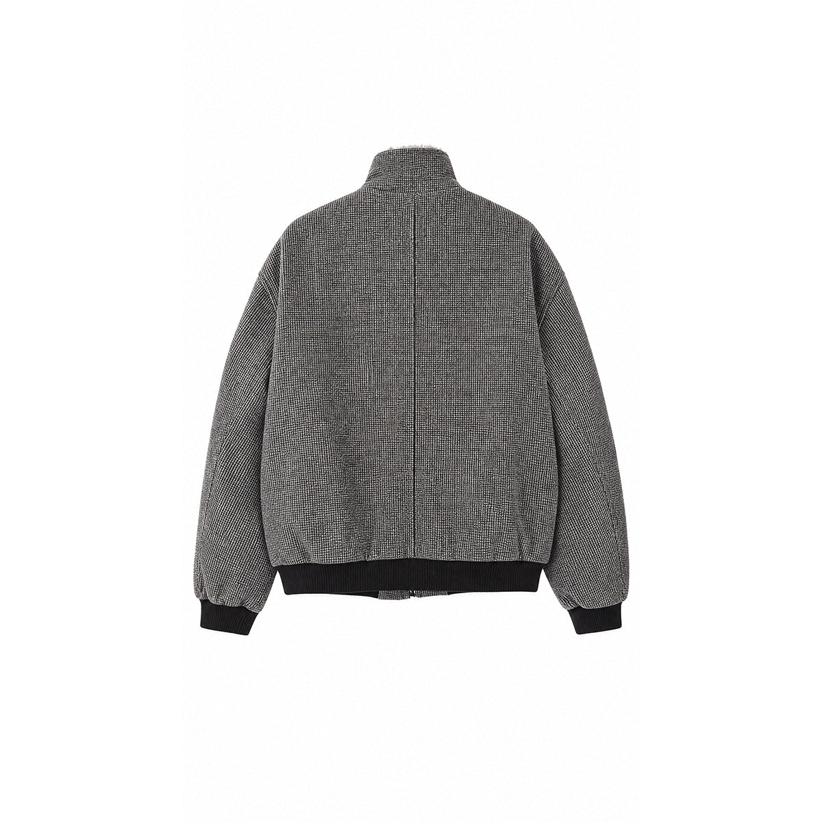 Back view of a gray-and-black micro-check jacket with a stand collar, center seam, and black ribbed hem and cuffs.
