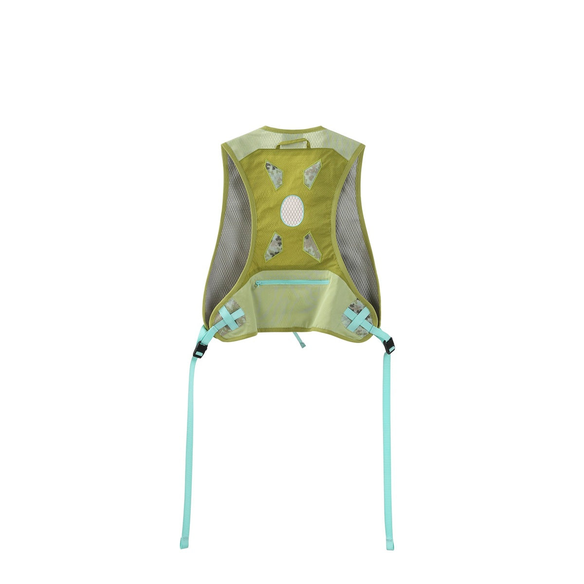 Flat-laid olive-green and pale mesh vest back with a zip pocket, reflective details, and long turquoise straps.