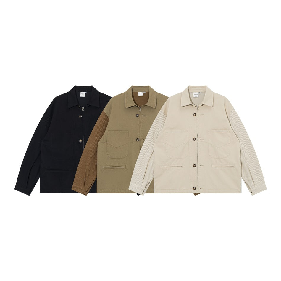 Three collared jackets shown from the front in black, khaki, and cream, with pockets and button closures.