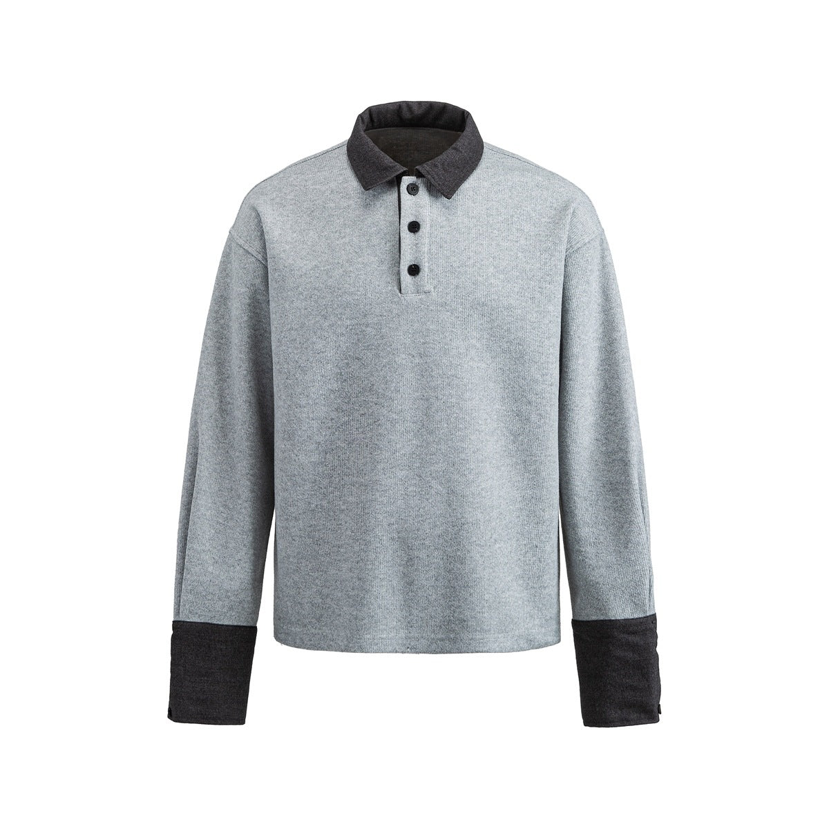 Light gray long-sleeve polo-collar pullover with dark gray collar and cuffs and three black buttons, front view