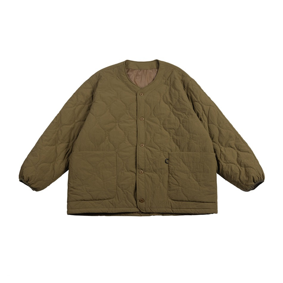 Front view of an olive-brown quilted jacket with a V-neck, button closure, long sleeves, and two large patch pockets.