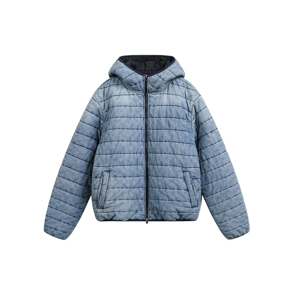 Light blue washed quilted hooded zip jacket with horizontal navy stitching, front view on white background
