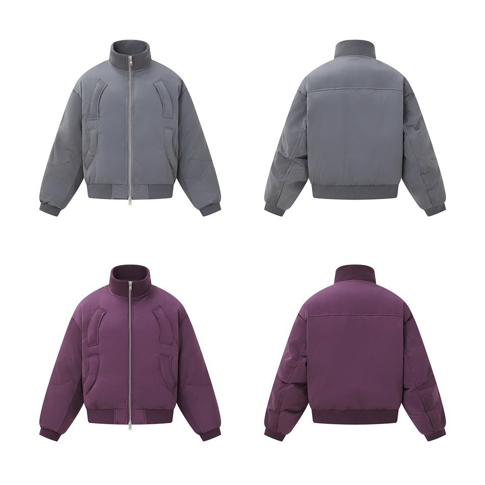 Front and back views of the bomber-style jacket in dark gray and purple on a white background