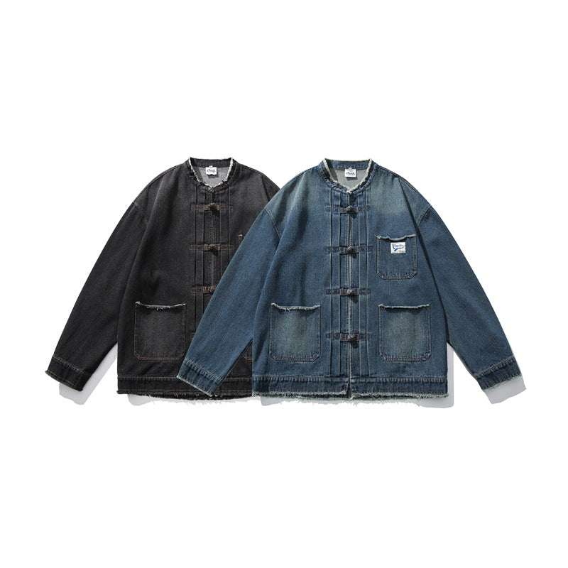 Two flat-lay denim jackets, one black and one blue, with toggle closures and multiple pockets.