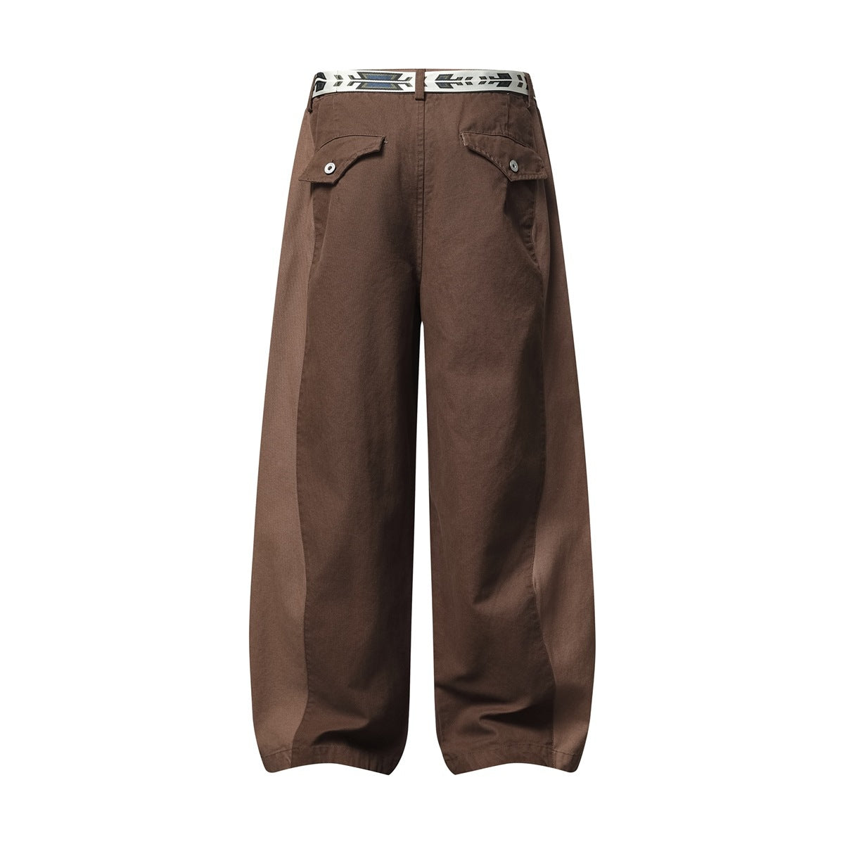 Full rear view of brown wide-leg trousers with two buttoned flap pockets and a patterned cream belt.
