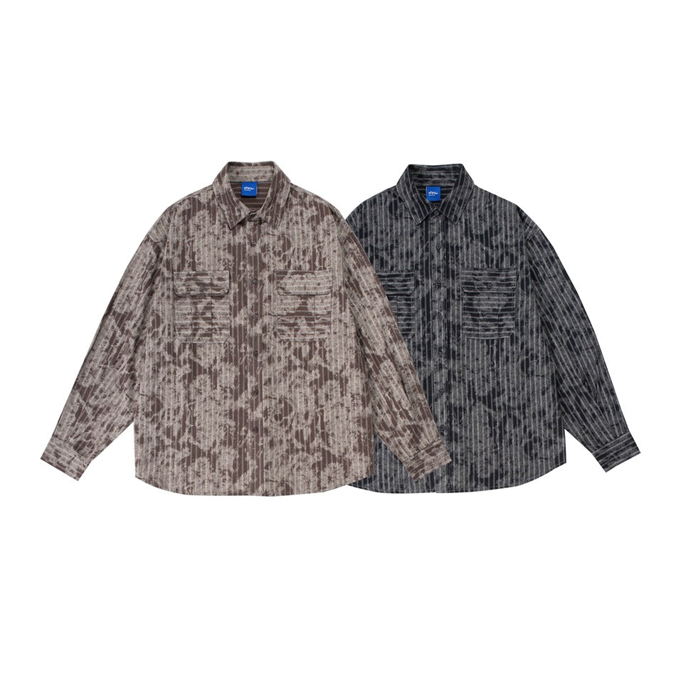 Two button-up shirts shown side by side: one brown and beige abstract stripe, the other charcoal gray with a distressed