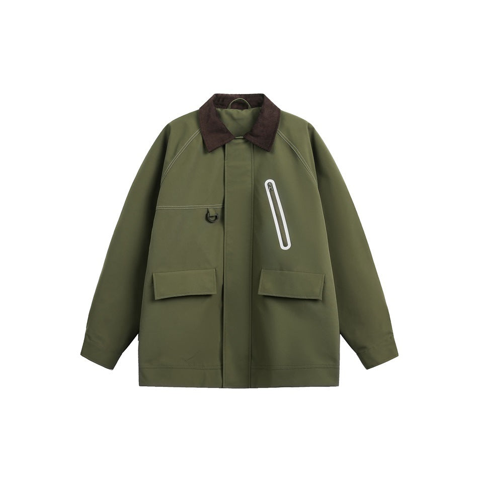 Army green mid-length jacket with brown collar, flap pockets, zip chest pocket and D-ring, shown flat from the front