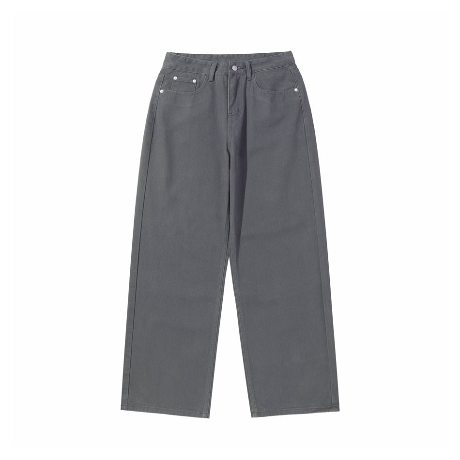 Front flat view of gray wide straight-leg pants with belt loops and slanted front pockets
