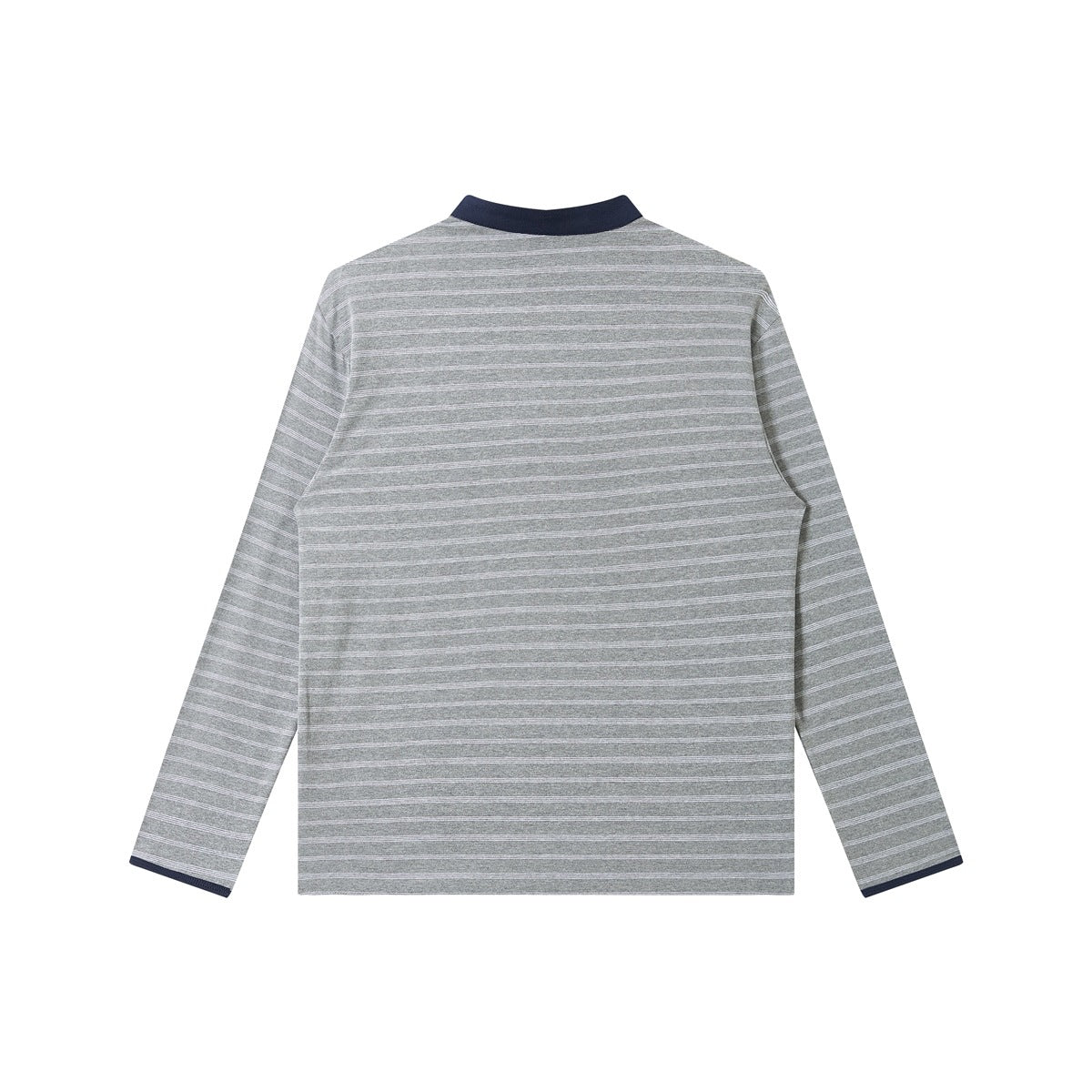Back view of a gray and white striped long-sleeve shirt with a navy collar and cuff trim.