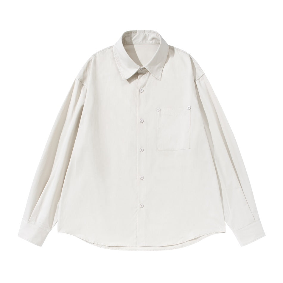 Beige long-sleeve button-up shirt with chest pocket, flat lay front view