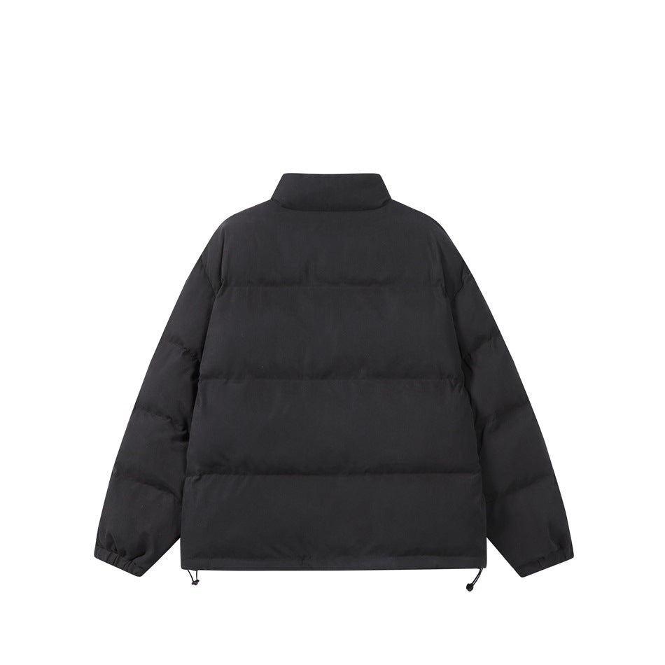 Back view of a black padded jacket with horizontal quilting, a stand collar, and adjustable hem cords.