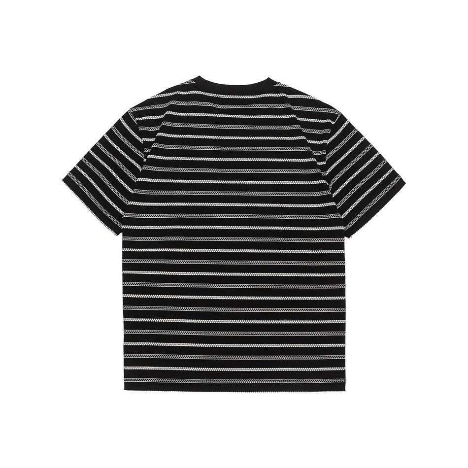 Back view of a black short-sleeve crew-neck T-shirt with thin white patterned horizontal stripes.