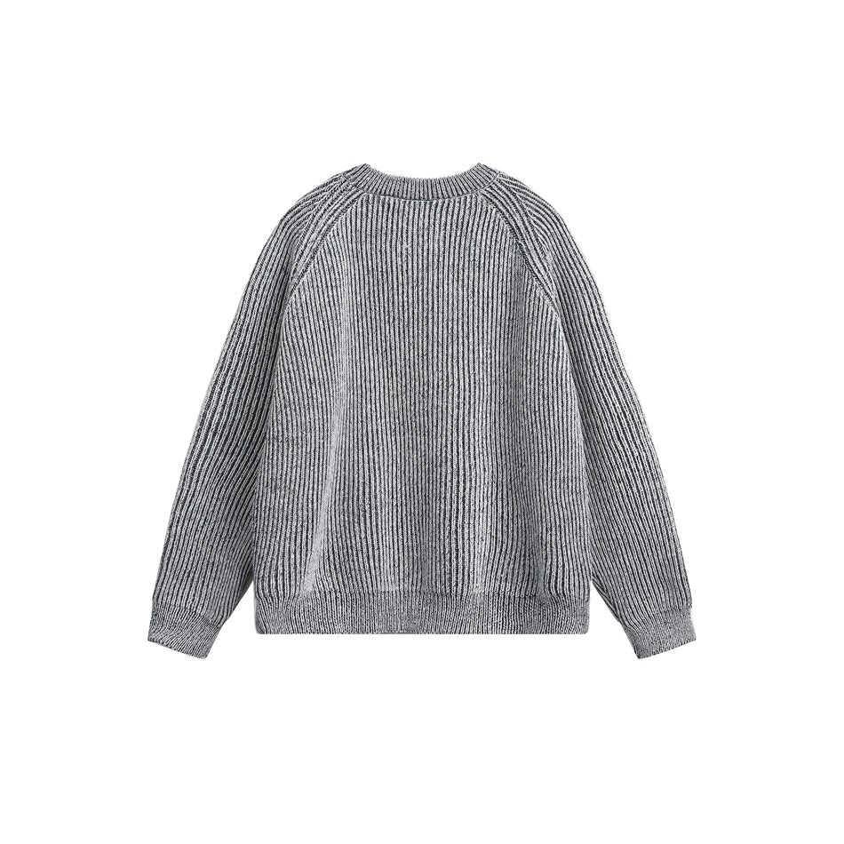 Front view of a light gray and charcoal marled rib-knit crewneck sweater with raglan sleeves.