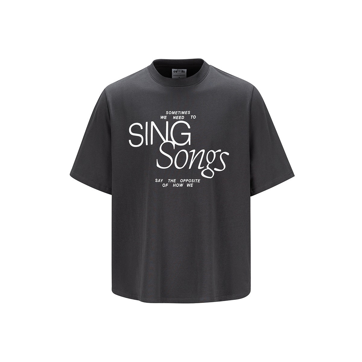 Dark gray short-sleeve crew-neck T-shirt with white 'SING Songs' lettering print on the chest, flat front view