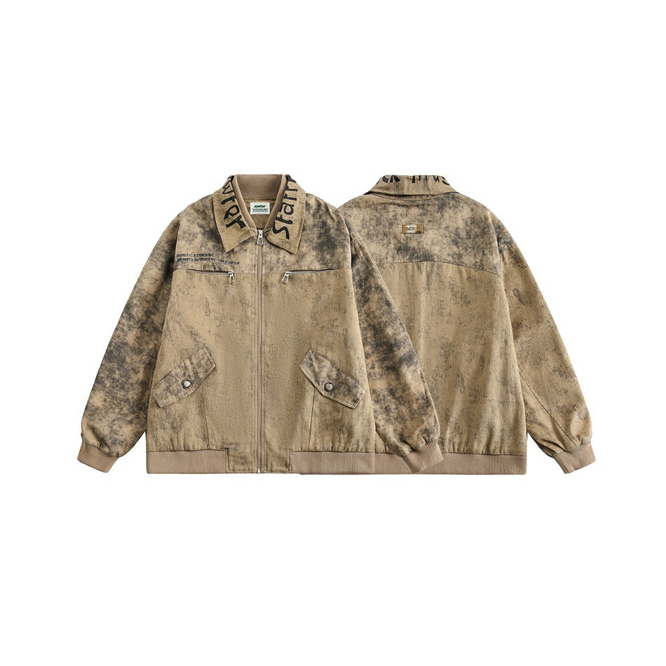 Mottled tan-brown zip jacket displayed flat, with front and back views showing its collar, chest zips and flap pockets.