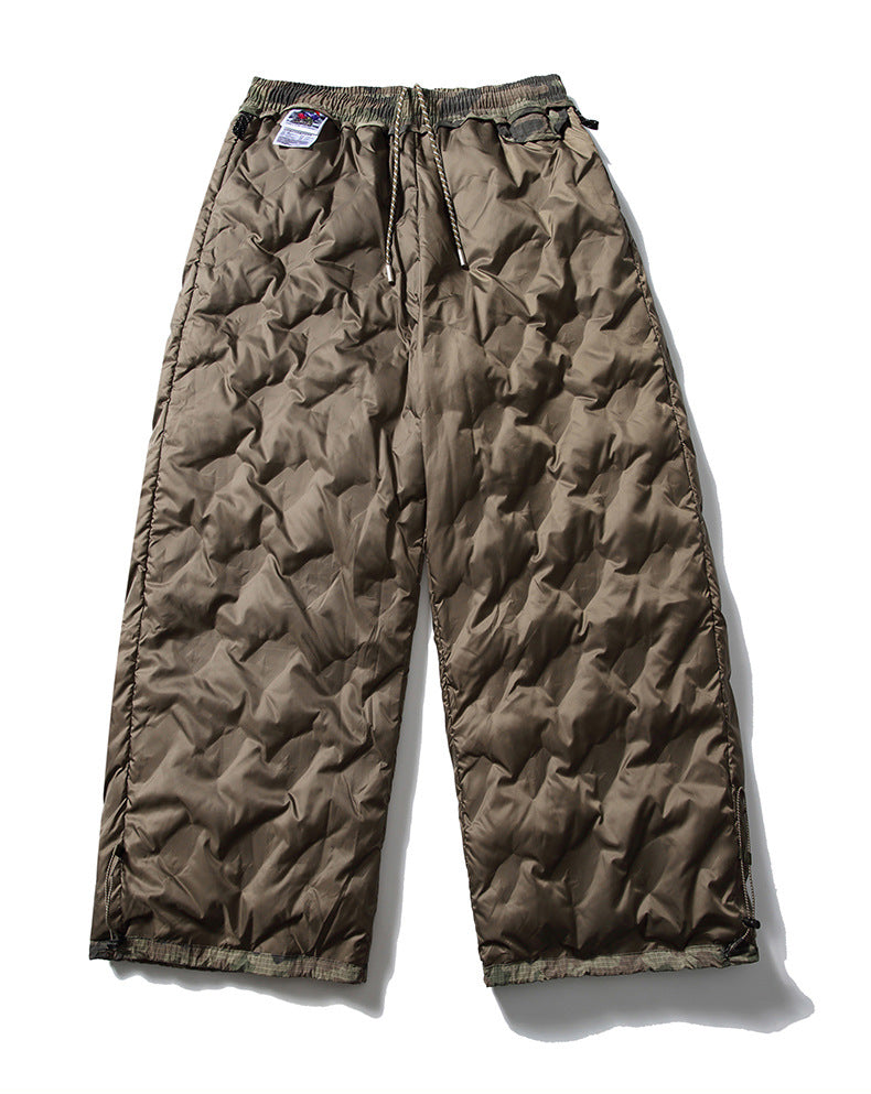 Front view of loose olive-brown pants with an elastic drawstring waist and wide legs.