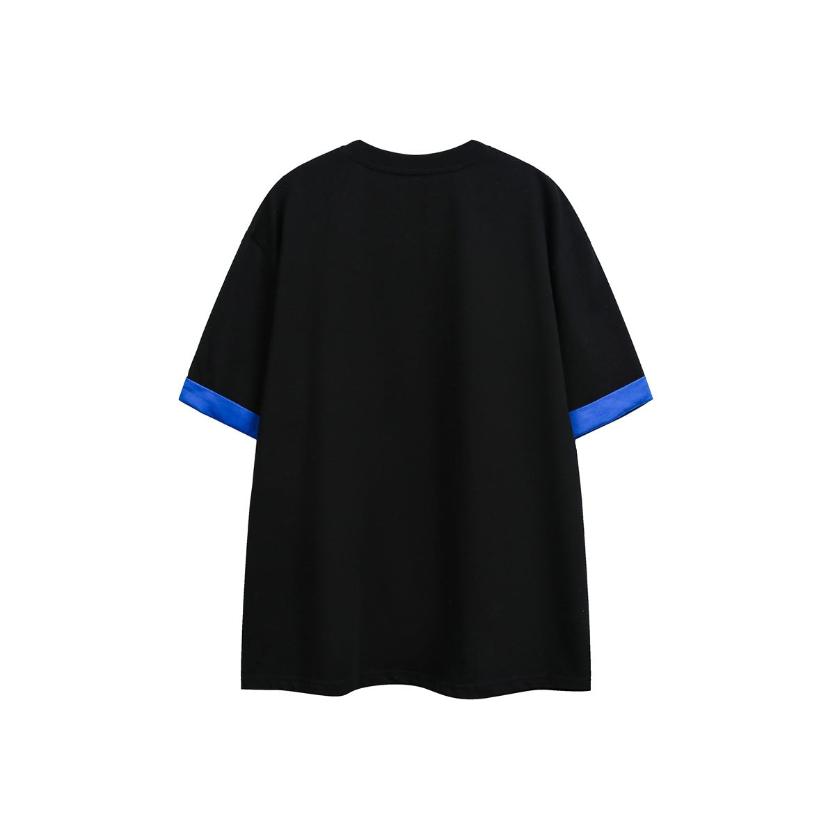 Back view of a black short-sleeve T-shirt with bright blue sleeve cuffs.
