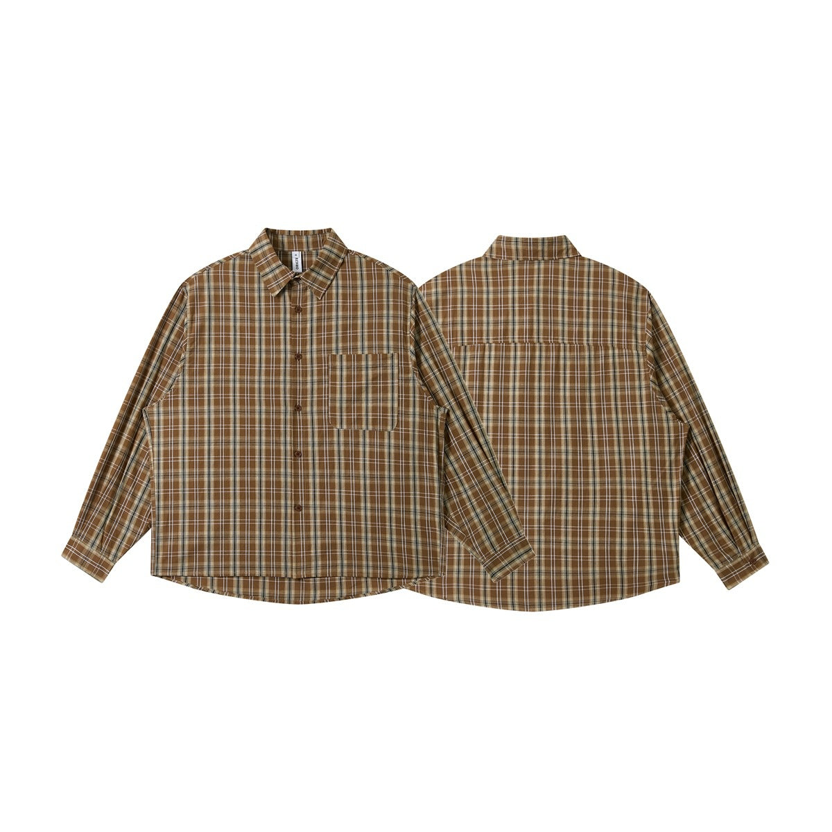 Brown plaid long-sleeve button-up shirt shown from the front and back, with a chest pocket.