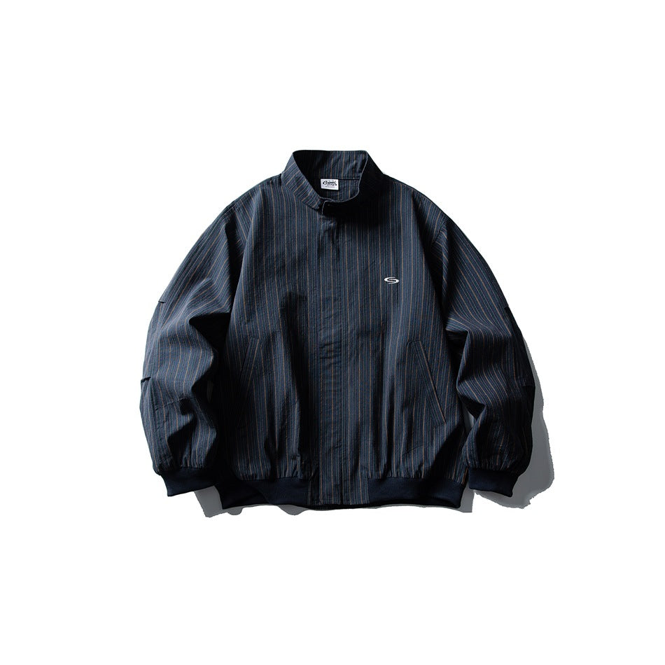 Navy striped Harrington-style jacket with stand collar, ribbed cuffs and hem, flat lay front view