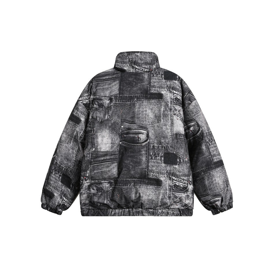 Back view of a black and gray jacket with an all-over patchwork denim-print design, stand collar, and elastic cuffs and hem.