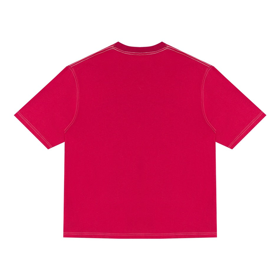 Back of rose red short-sleeve crewneck T-shirt with ribbed collar and contrast topstitching, plain with no print