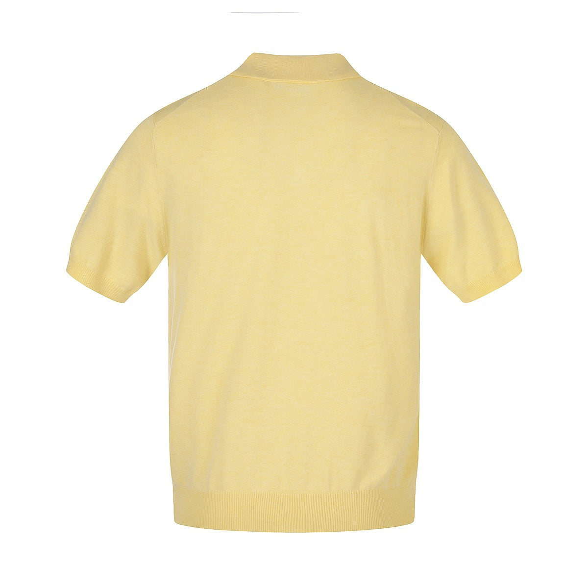 Back view of a pale yellow short-sleeve knit polo with ribbed collar, cuffs, and hem.