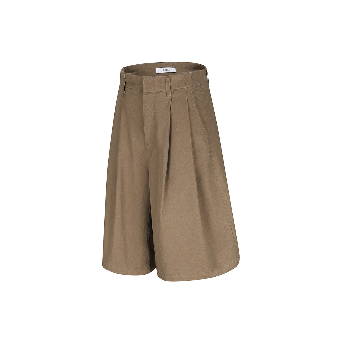 Khaki pleated knee-length wide-leg shorts with belt loops, front fly and side pockets, shown flat on white background