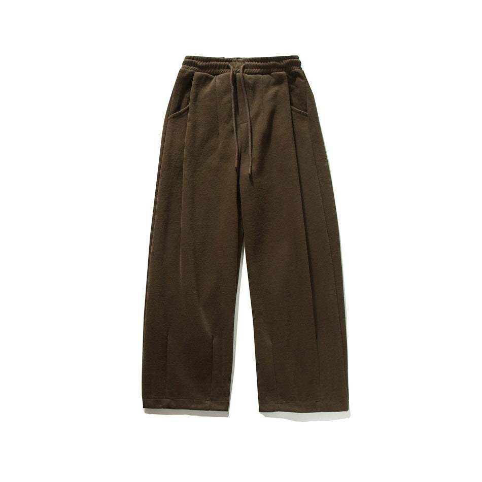 Dark coffee brown wide-leg drawstring sweatpants, flat lay front view with side pockets and pintuck creases