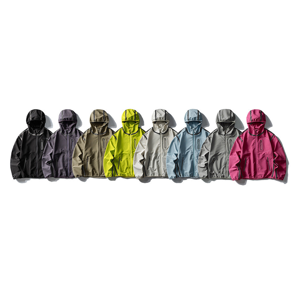 Eight hooded zip jackets arranged side by side in black, purple, tan, lime, off-white, blue, gray, and pink.