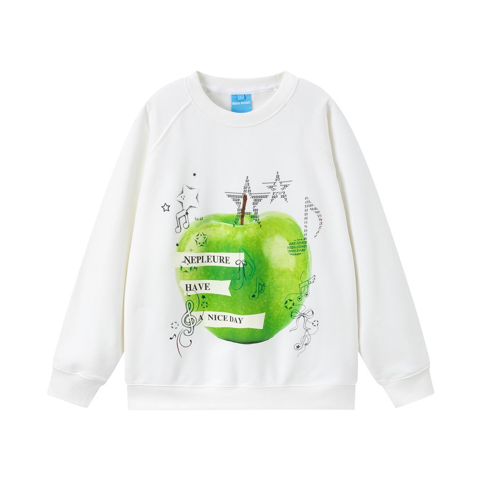 White crewneck sweatshirt with large green apple graphic and ribbon text on the chest, flat lay front view