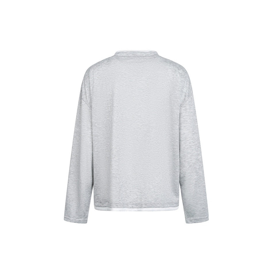 Back view of gray long-sleeve crew-neck top with plain back and white layered trim at neckline and hem