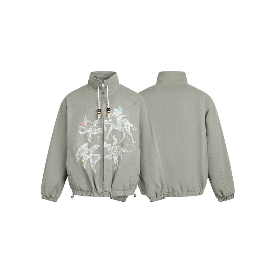 Taupe jacket shown from the front and back; the front has pale graphic prints and beaded drawstrings.