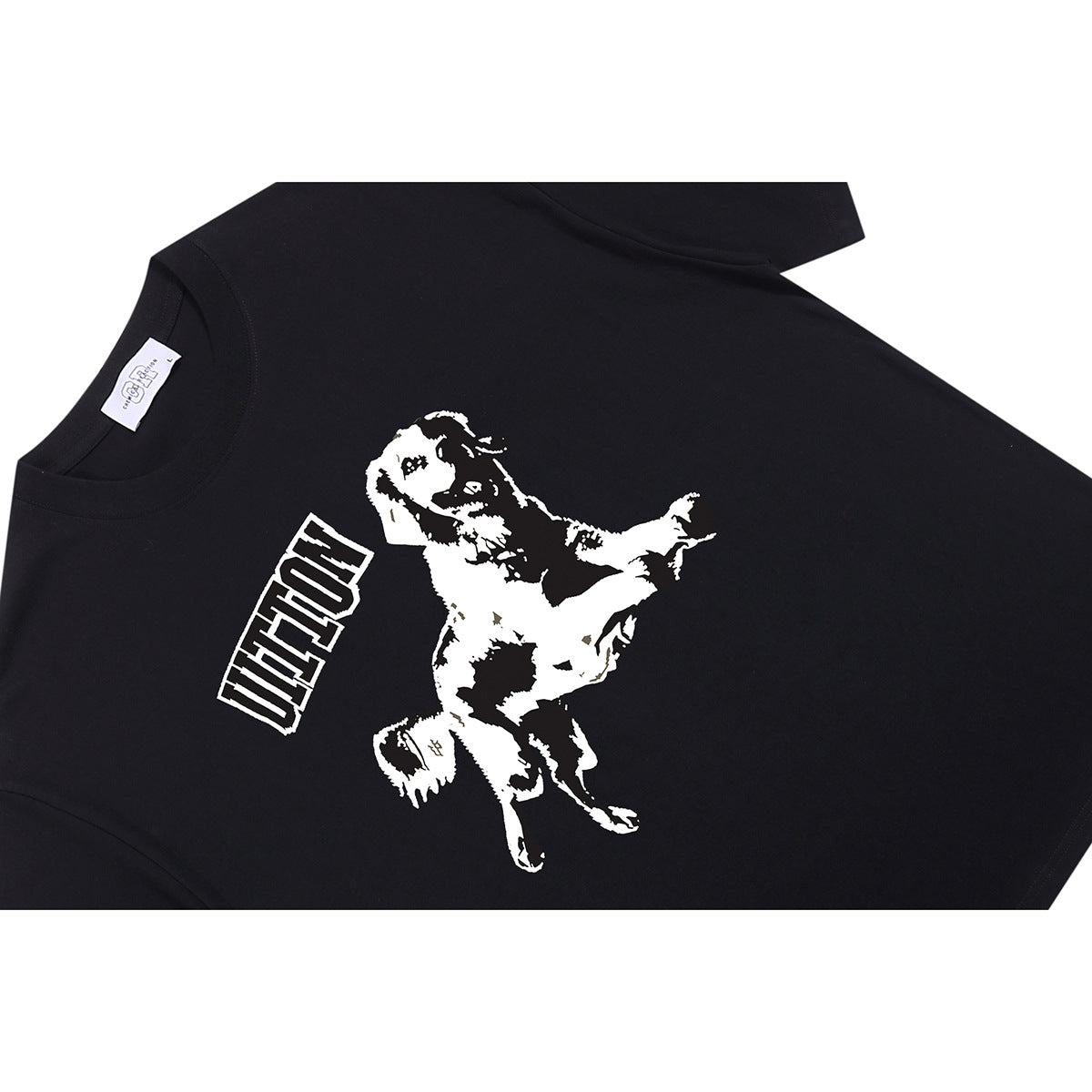 Angled view of a black T-shirt with a large white illustrated dog and outlined lettering on the front.