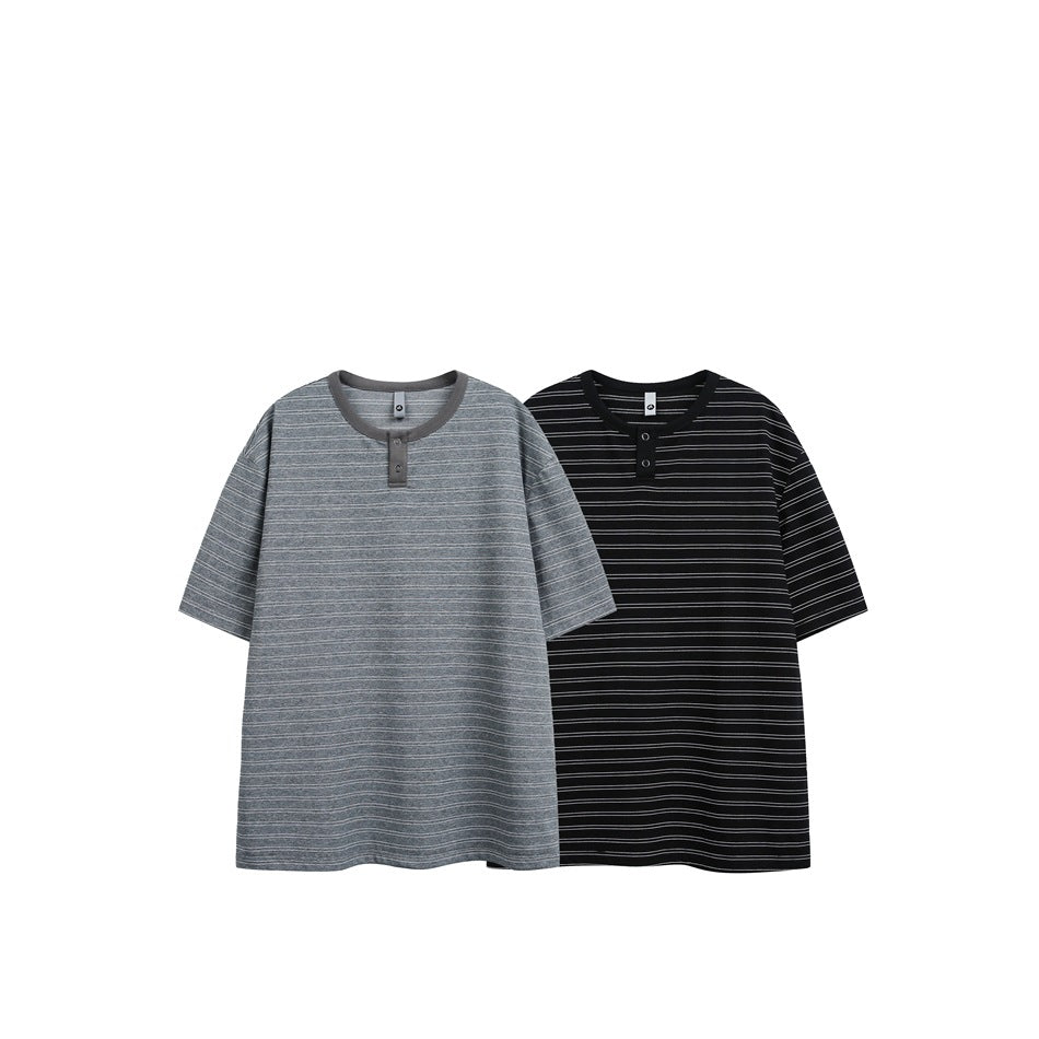 Two short-sleeve striped Henley shirts shown side by side in gray and black colorways.