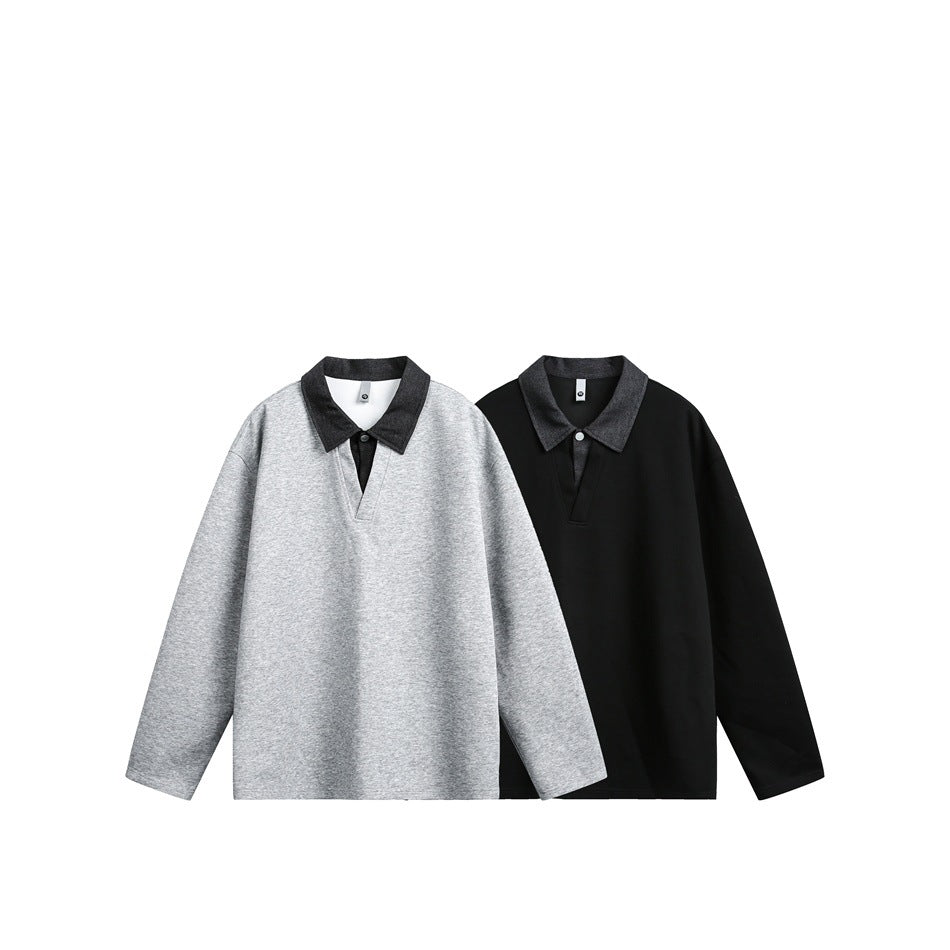 Two long-sleeve collared tops shown together: one light gray and one black, both with dark collars.