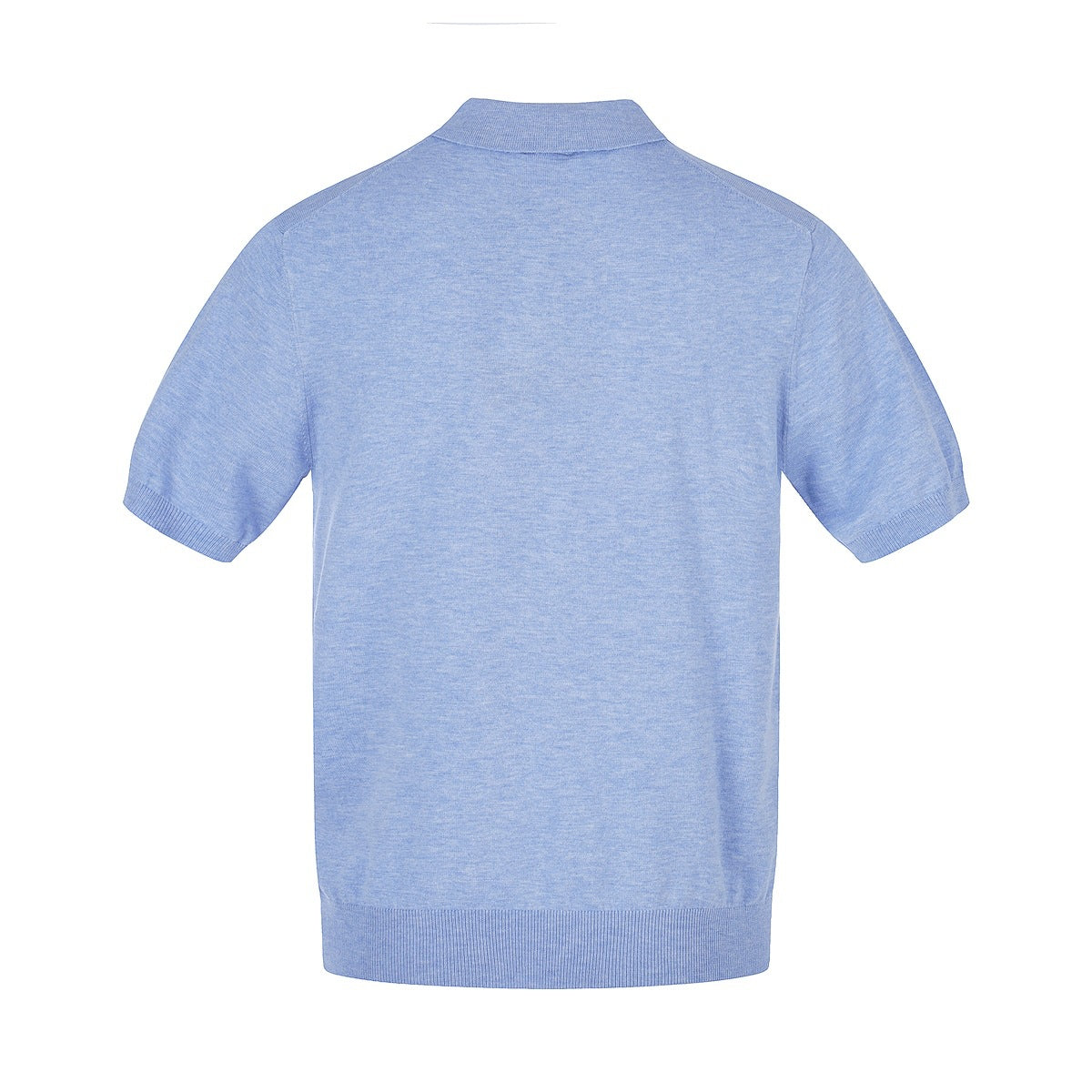 Back view of a light blue short-sleeve knit polo with ribbed collar, cuffs, and hem.