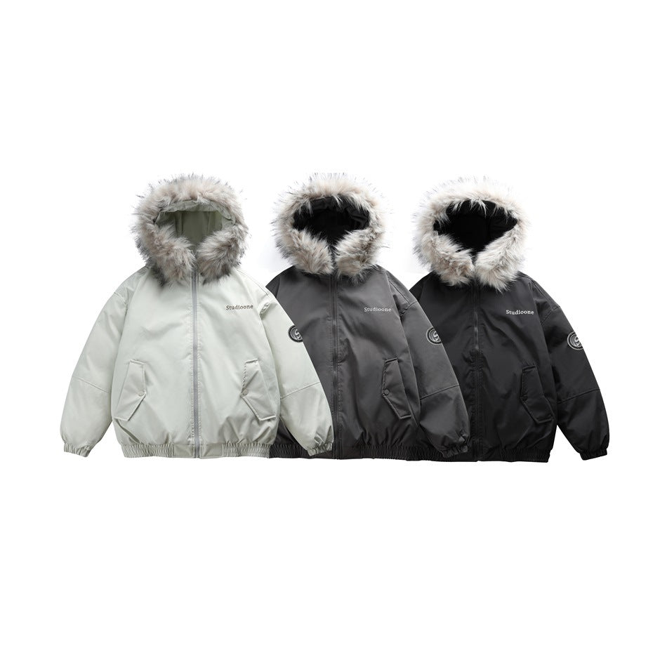 Three hooded jackets with gray faux-fur trim shown together in pale mint, charcoal gray, and black.