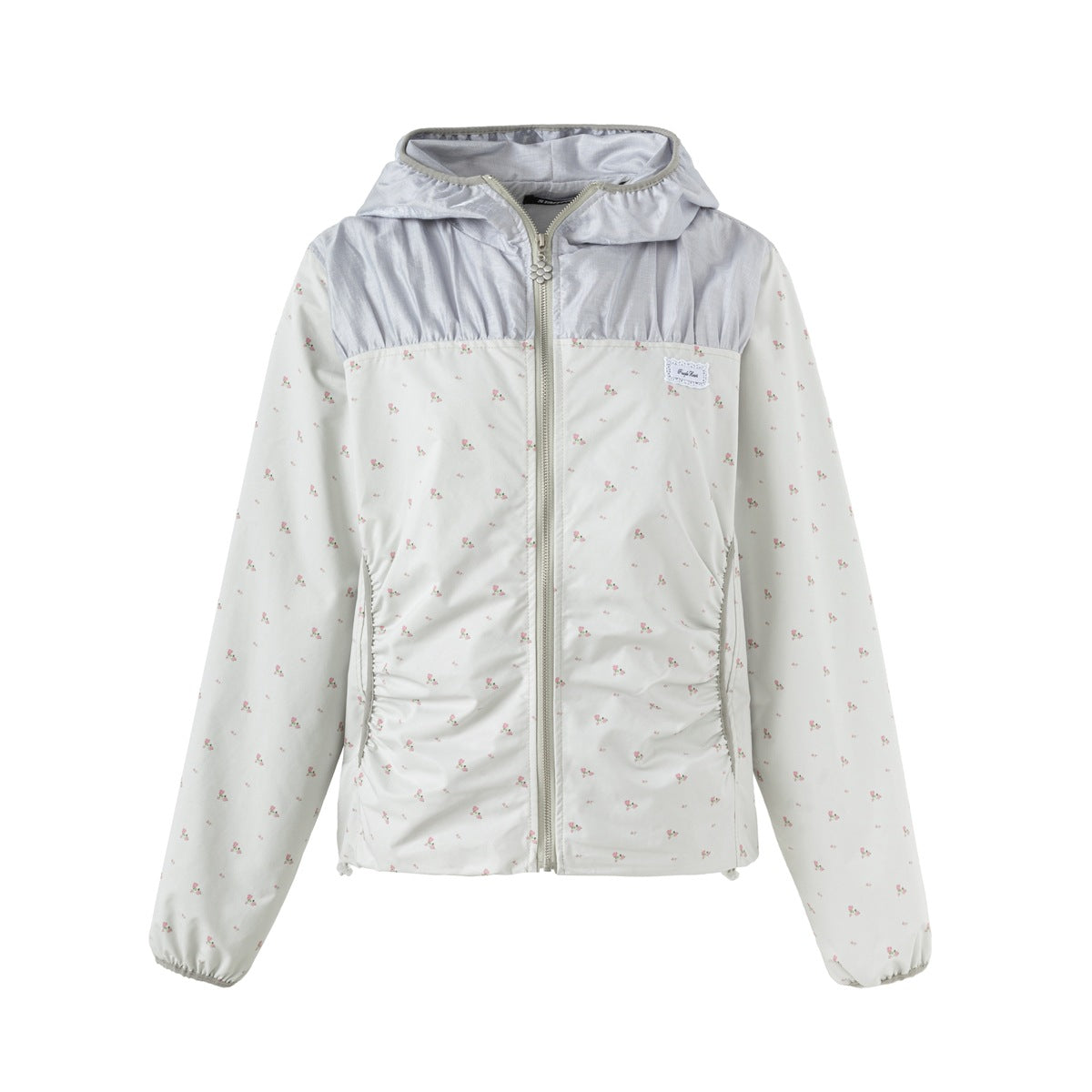 Off-white hooded zip jacket with pink floral print, light gray gathered yoke, ruched sides and elastic cuffs, front view