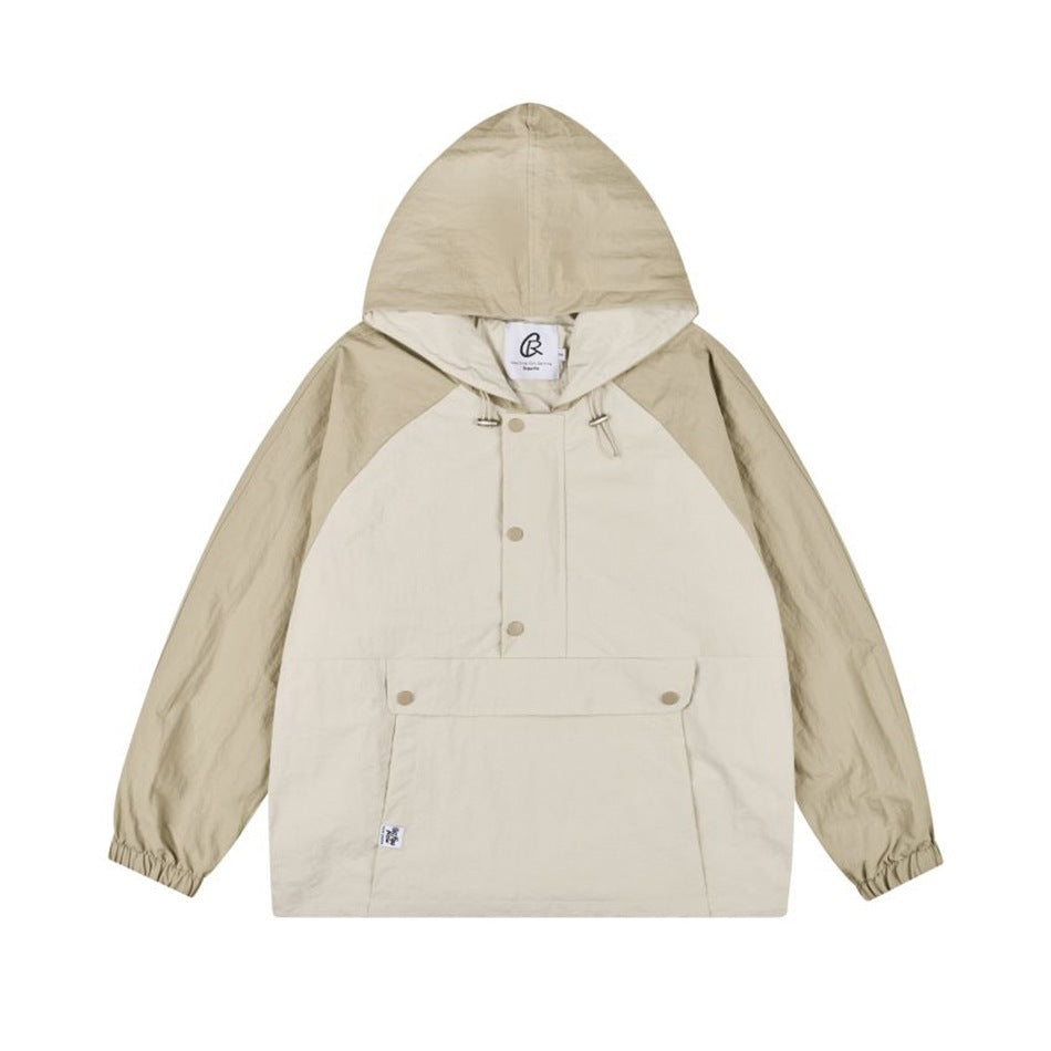 Khaki and beige color-block hooded anorak jacket, front view, with snap placket, pouch pocket and elastic cuffs