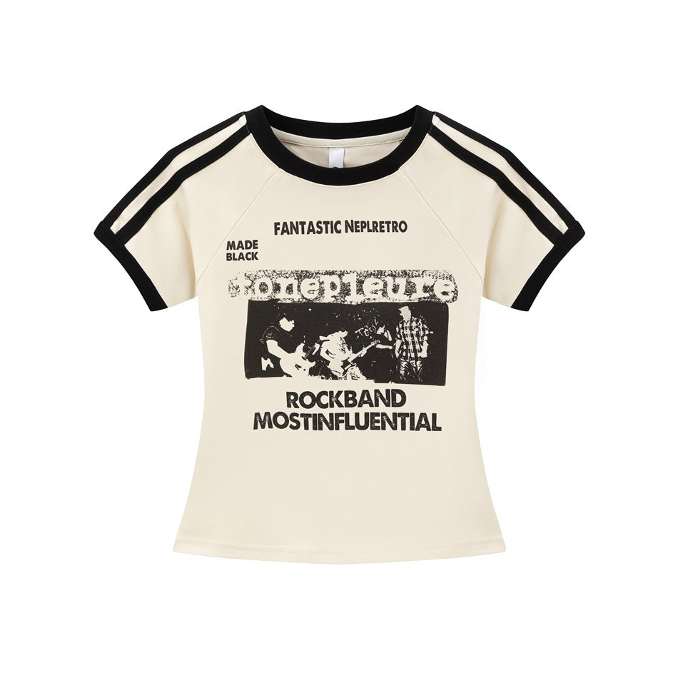 Apricot short-sleeve T-shirt with black trim, shoulder stripes and a black rock band graphic print on the front