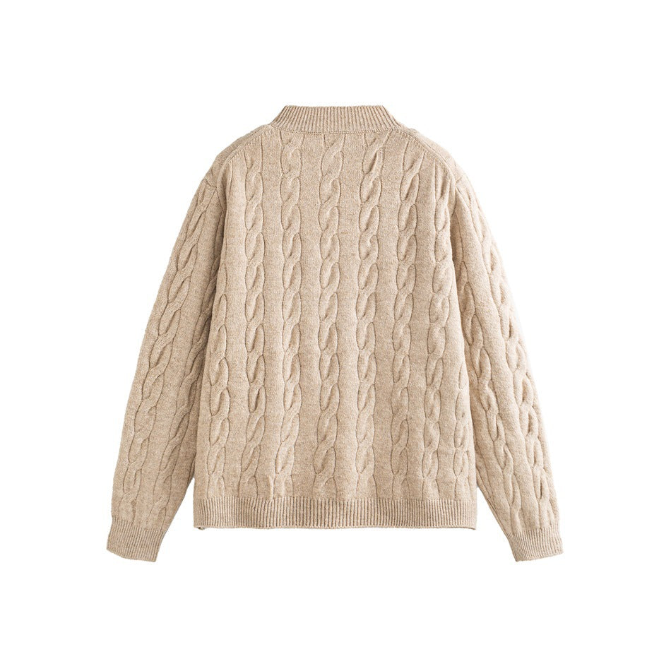 Back view of a beige cable-knit cardigan with long sleeves and ribbed collar, cuffs, and hem.