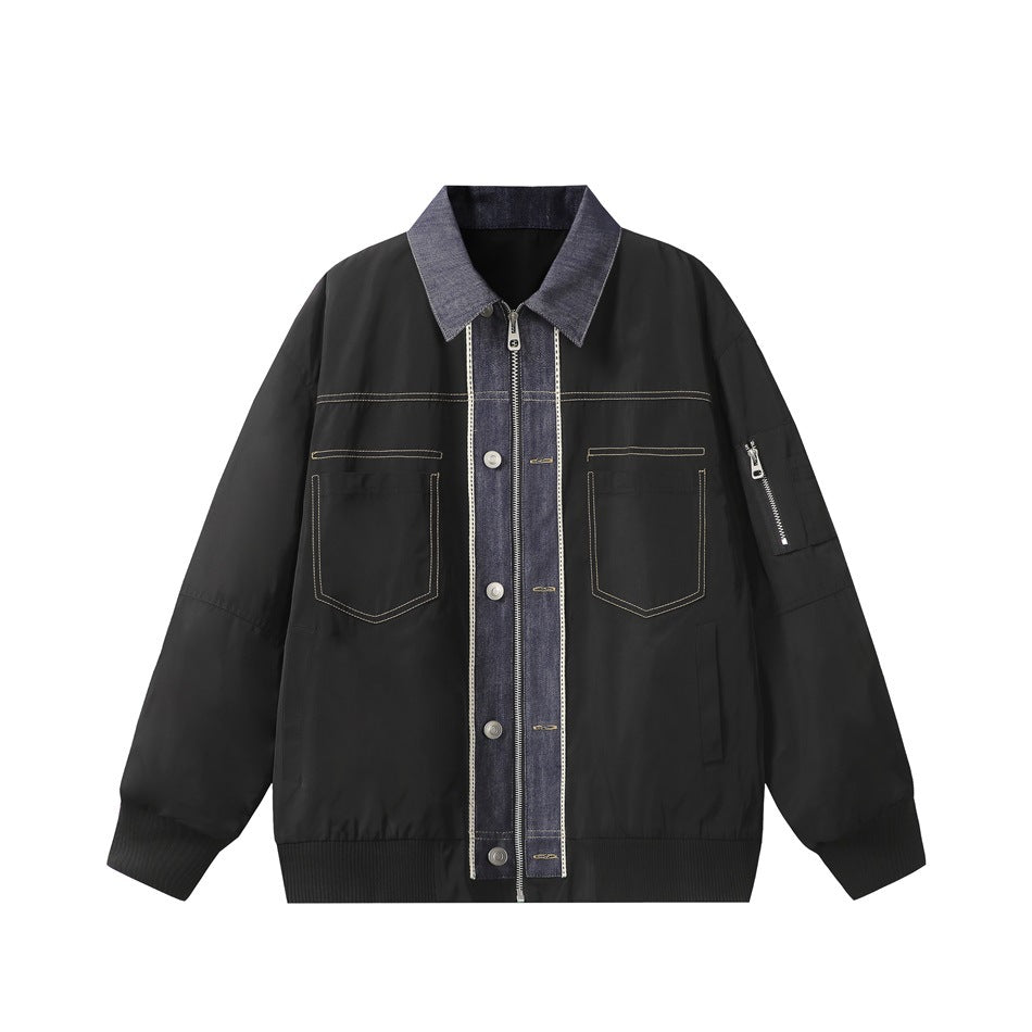 Black bomber-style jacket front with denim-look collar and placket, chest pockets and zippered sleeve pocket