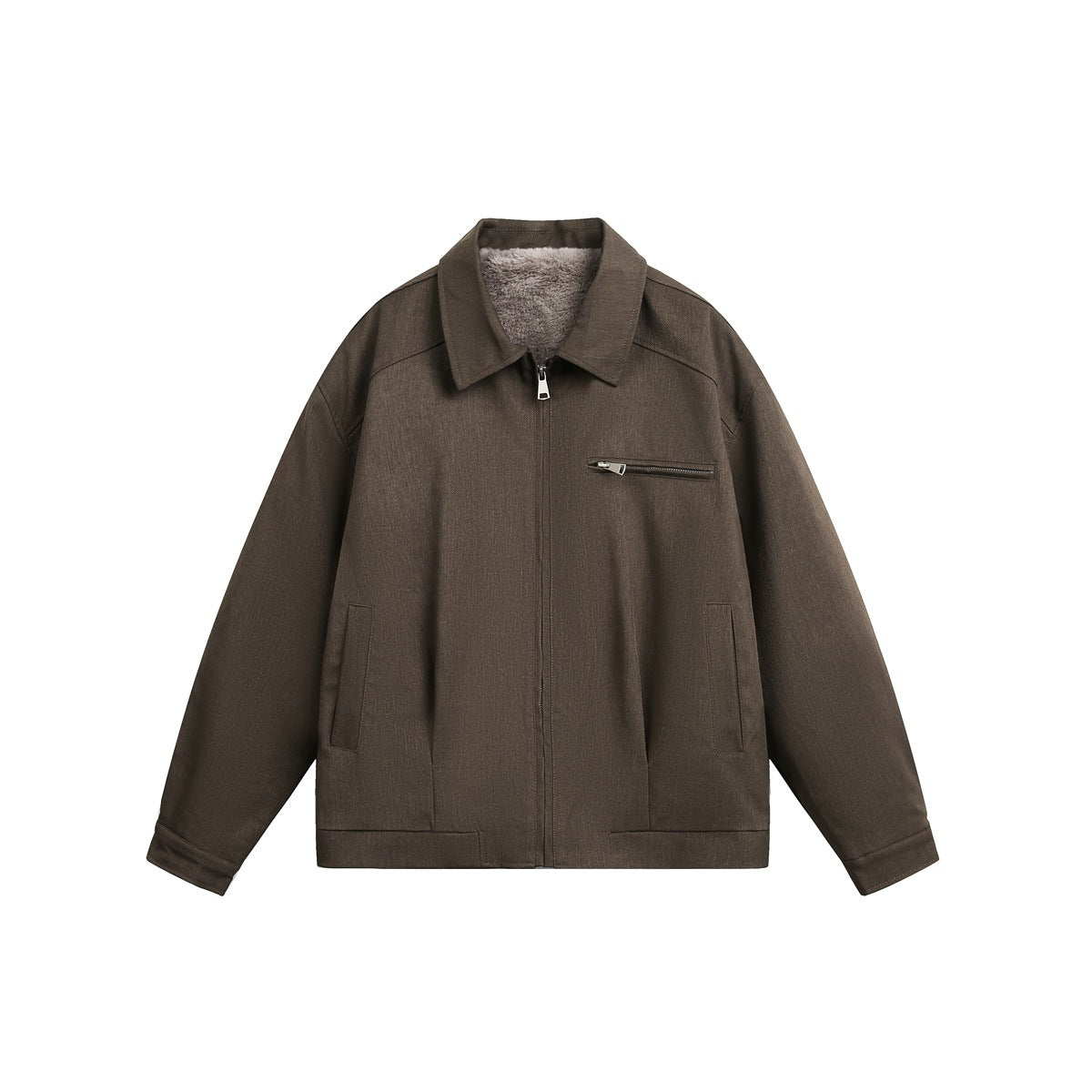 Brown zip-front jacket with turn-down collar, gray plush lining at neck, chest zip pocket and slash pockets, flat front view