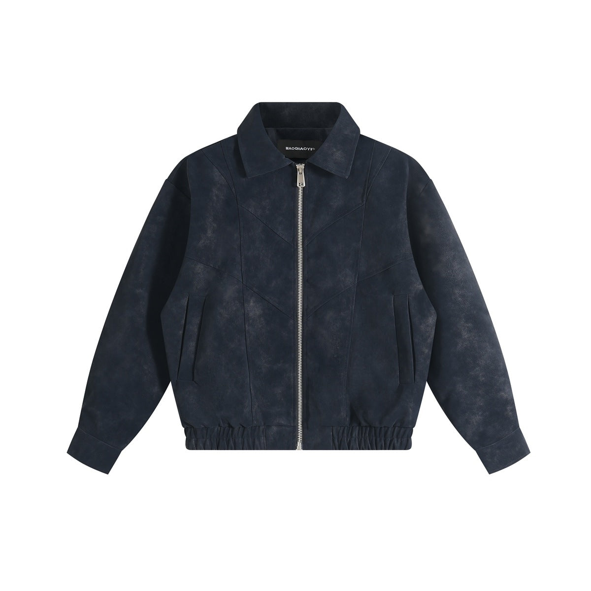 Navy blue zip-front jacket with mottled finish, collar, angled seams and elastic hem, flat front view